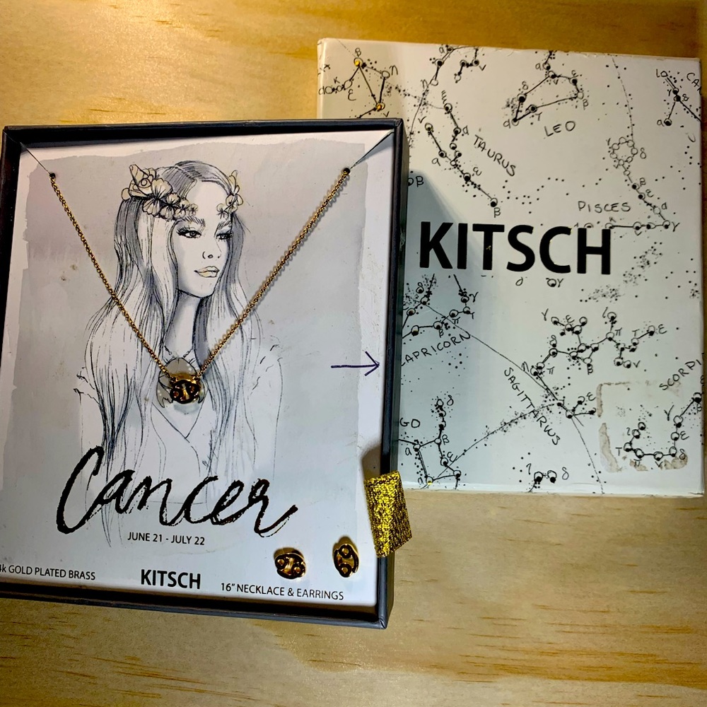 KITSCH ASTROLOGY CANCER NECKLACE & EARRINGS, 14 K Gold Plated Brass Jewelry Set